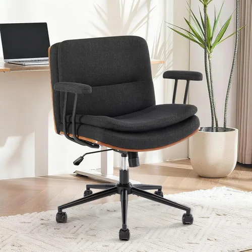 Miniatura 8 de Silla de Oficina para Hogar con Respaldo y Ruedas, Silla Giratoria Ejecutiva Moderna de Nogal, Silla de Tocador de Piel Sintética con Soporte Negro