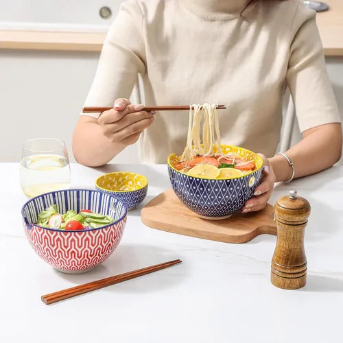 Miniatura 6 de Selamica Juego de cuencos de cerámica para ramen, cuencos de fideos de 15 onzas para cocina con palillos, cuencos profundos para sopa japonesa