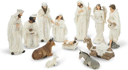 Miniatura 10 de Glitzhome Juego de 12 figuras de pesebre para Navidad en interiores, juego de belén cristiano de resina azul de lujo, adornos de mesa en miniatura