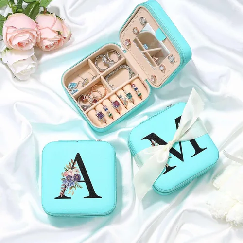 Miniatura 5 de Parima Joyero de viaje a la moda para mujer, joyero azul pequeño, organizador de joyas, cajas de joyería para mujeres, mini estuche de viaje