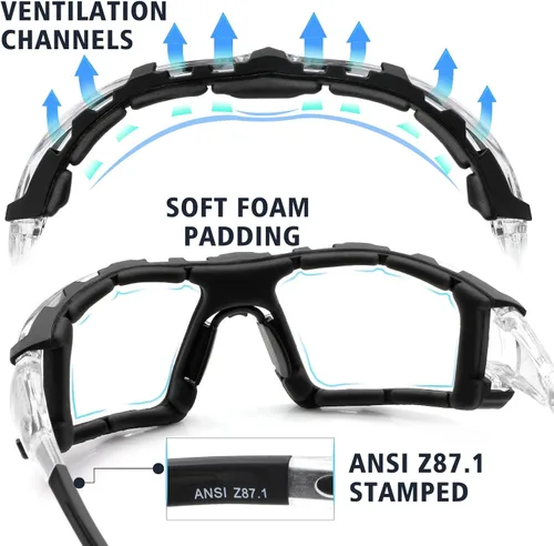 Miniatura 5 de UKNOW Gafas de seguridad – Lentes envolventes antivaho – Junta de espuma extraíble – Anteojos protectores ANSI Z87.1 – Resistente a los impactos
