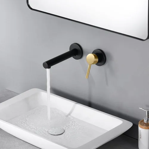 Miniatura 3 de SUMERAIN Grifo de lavabo de baño montado en la pared, acabado negro y dorado, grifo de lavabo con una sola manija y válvula áspera