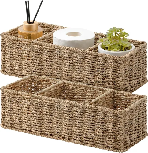 Miniatura 9 de StorageWorks Cestas de papel higiénico para estantes, cestas de mimbre de 3 secciones, cesta de inodoro para tapa de depósito, encimera, despensa