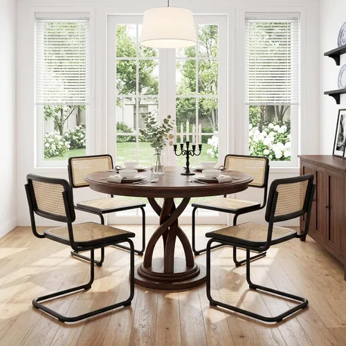 Flouki Juego de 4 sillas de comedor de ratán, sillas decorativas bohemias para cocina con malla de caña natural, diseño voladizo de mediados de