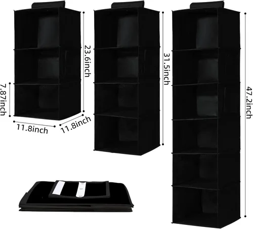 Miniatura 2 de Paquete de 2 organizadores colgantes para armario, estantes colgantes de 4 niveles para armario con inserciones de bambú resistentes, color negro