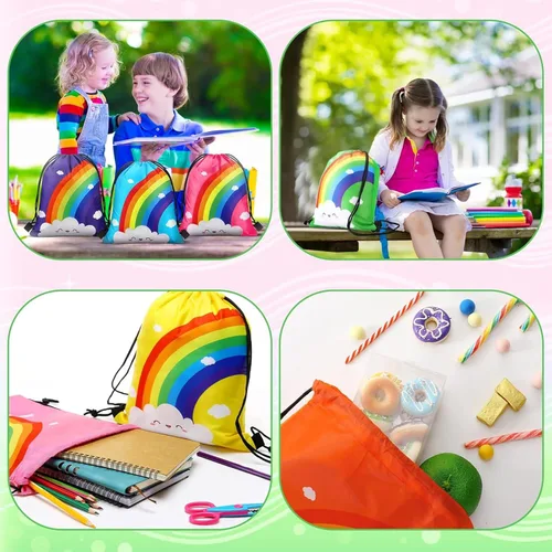 Miniatura 7 de Ferraycle 24 bolsas de regalo de fiesta de arco iris, suministros de fiesta de cumpleaños, bolsas con cordón, mochila de regalo, decoraciones
