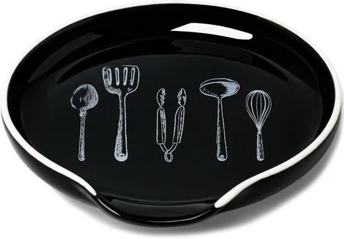 Miniatura 8 de GDCZ - Soporte de cuchara de cerámica de 5 pulgadas para encimera de cocina y estufa (negro, 1) 5 Inch Round Spoon Rest, Grooved Slot, Keeps