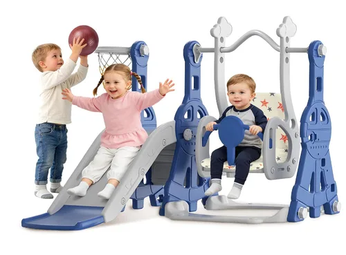 BIERUM Juego de Tobogán y Columpio 4 en 1 para Niños Pequeños, Tobogán para Bebés para Niños Pequeños de 1-2 Años, con Aro de Baloncesto, Juego de