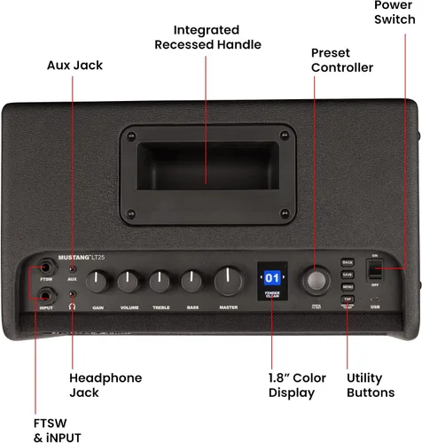 Miniatura 7 de Fender Mustang LT25 - Amplificador combinado de guitarra con cable y paquete exclusivo de púas de 12 piezas de Austin Bazaar