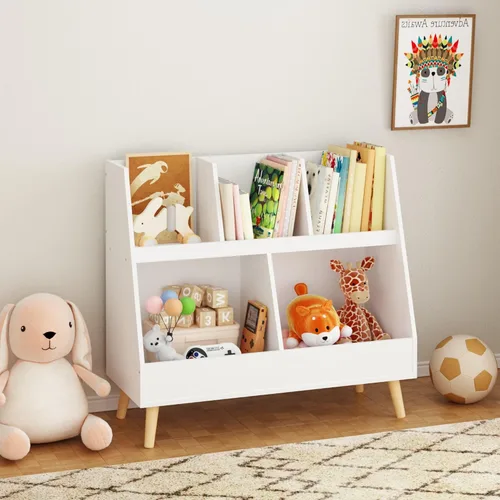 Miniatura 6 de GDFStudio Estantería para niños y organizador de almacenamiento de juguetes, 5 cubículos, estantería abierta de madera con 2 cubos grandes y patas