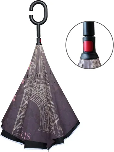 Miniatura 3 de MRMIAN Vintage Eiffel Tower Plum Cherry Blossoms Windproof Inverted Open Close Reverse Rain Umbrella Inside Out Quality Waterproof Parasol Upside