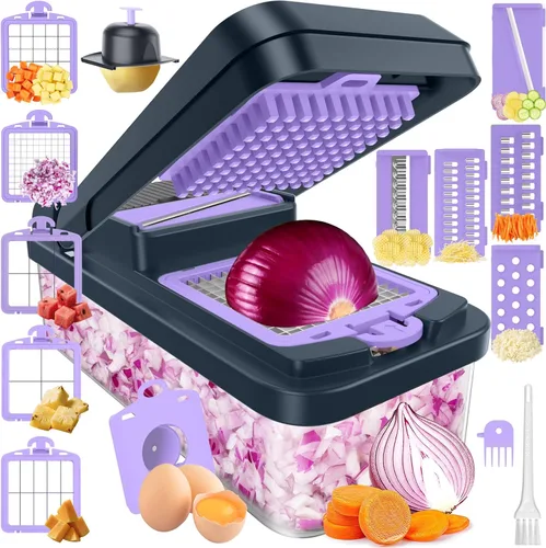 Miniatura 9 de SpaceHacks Picador de verduras 12 en 1, utensilios de cocina con 7 cuchillas, para verduras, alimentos, picador de cebolla, cortador de pepino, Verde