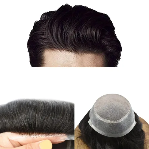 Miniatura 25 de Monofilamento fino para hombre, sistema de cabello humano Remy, piel de polietileno transparente alrededor del postizo de monofilamento, peluca