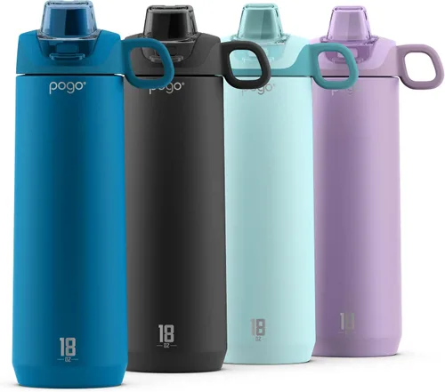 Miniatura 7 de Pogo Botella de agua activa de acero inoxidable aislada al vacío con tapa a prueba de fugas y asa de transporte de silicona, recubrimiento en polvo