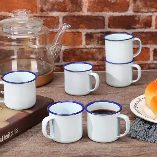 Miniatura 4 de Yinder Mini tazas de café esmaltadas para camping, de metal, pequeñas, clásicas, portátiles, blancas, tazas vintage a granel con asa para café, té