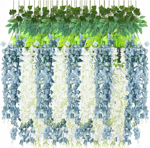 25 Pcs Artificial Wisteria Hanging Flowers 3.6ft Dusty Blue & White Fake Hanging Flowers Garland Silk Flowers Rattan String Faux Wisteria Vine for