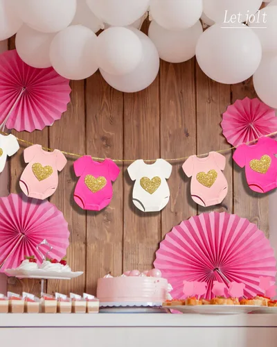 Miniatura 4 de Guirnalda de papel rosa para baby shower, de manga corta, body de tendedero para revelación de género, pancarta de cumpleaños, traje de bebé