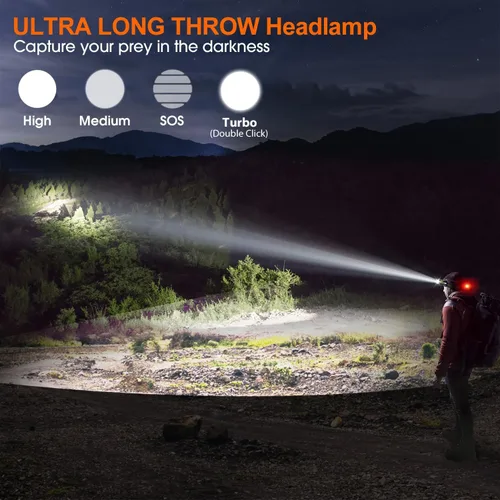 Miniatura 2 de Linterna frontal recargable de largo alcance, haz brillante de 1,640.4 ft, tiempo de funcionamiento de 15 horas, zoomable