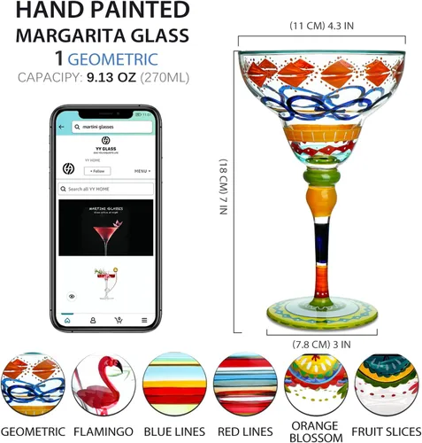 Miniatura 2 de YY Vidrio Margarita pintado a mano, colección marroquí, cristalería pintada a mano por artistas, vasos de Margarita únicos y decorativos, decoración