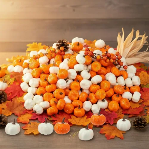 Thyle 400 piezas de decoración de otoño a granel, 200 mini calabazas falsas y 200 piezas de hojas de otoño, juego de calabaza artificial para