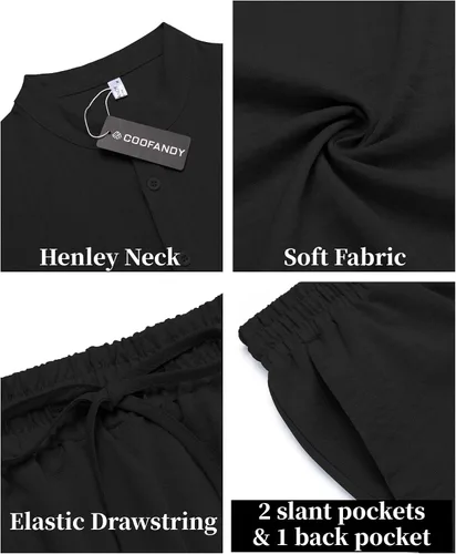 Miniatura 4 de COOFANDY Conjunto de 2 piezas de lino para hombre, camisas Henley casuales de manga corta, pantalones cortos de yoga para la playa, pantalones