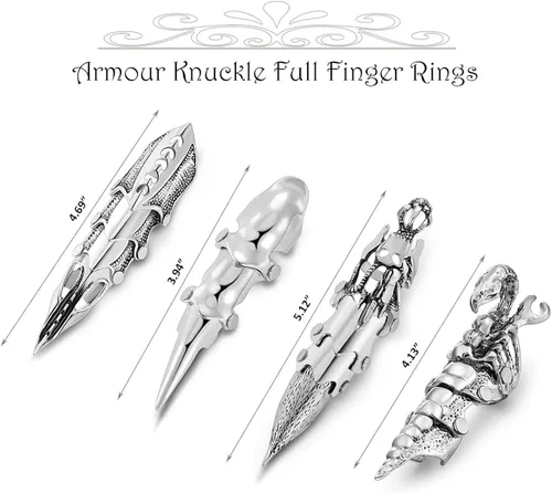 Miniatura 2 de Jovivi - Anillo de fantasía para hombre, diseño de nudillos de armadura plateada, doble lazo, punk, rock, gótico, genial, 1-4 piezas