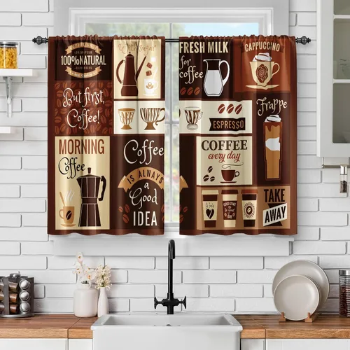 Jekeno Cortinas rústicas de cocina de café estilo campestre, estilo vintage, latte capuchino, cortinas cortas para cafetería, decoración para sala