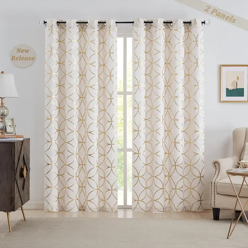 Miniatura 14 de SXZJTEX Cortinas de lino dorado para sala de estar, cortinas bohemias étnicas tribales geométricas celestiales con filtro de luz de 63 pulgadas