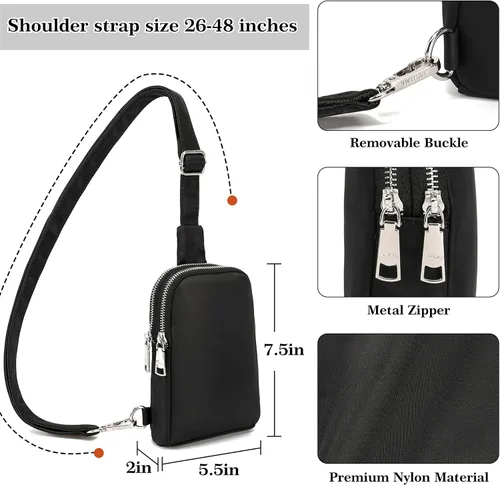 Miniatura 4 de Pequeña bolsa cruzada, cangurera, elegante bolsa cruzada para viajes esenciales, regalos para mujeres, Nailon-Negro, Bolso bandolera
