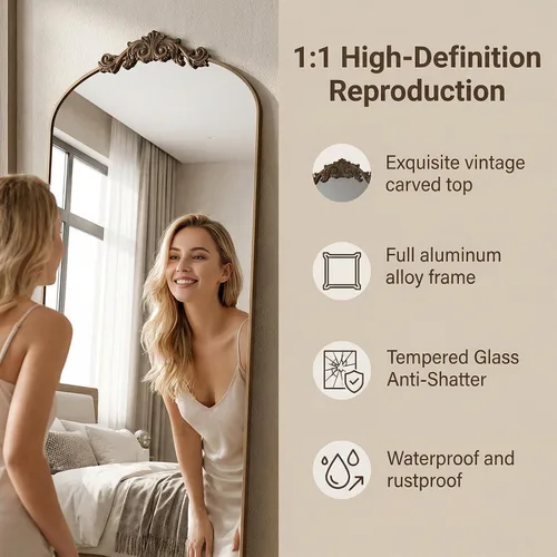 Miniatura 4 de Antok Espejo arqueado de longitud completa, espejo de piso de 65 x 24 pulgadas con tallado, espejos de cuerpo completo para decoración del hogar