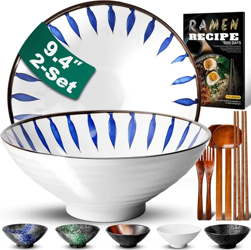 Miniatura 9 de Juego de 2 cuencos de cerámica para ramen de 8 pulgadas (9 piezas) – Tazones grandes de porcelana japonesa para ensalada, fideos, cereales, frutas