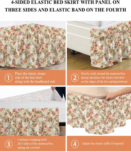 Miniatura 5 de Falda de cama clásica de flores, tamaño California King, caída de 18 pulgadas, ajustable y elástica, faldas de cama plisadas de lujo con volantes