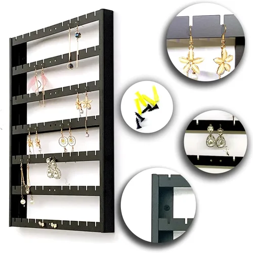 Miniatura 4 de Organizador de aretes de 7 capas, almacenamiento de aretes de oreja montado en la pared, organizador de aretes de metal negro de gran capacidad