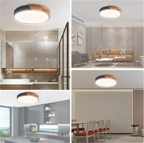 Miniatura 8 de Lámpara de techo LED de madera de montaje empotrado, 3CCT 3000K-6500K moderna negra cerca de las luminarias del techo, lámpara de techo redonda