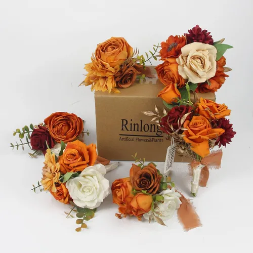 Miniatura 2 de Rinlong 6 centros de mesa de flores surtidos para bodas, mesas de otoño, centro de mesa, ramos de dama de honor de color naranja quemado, estante