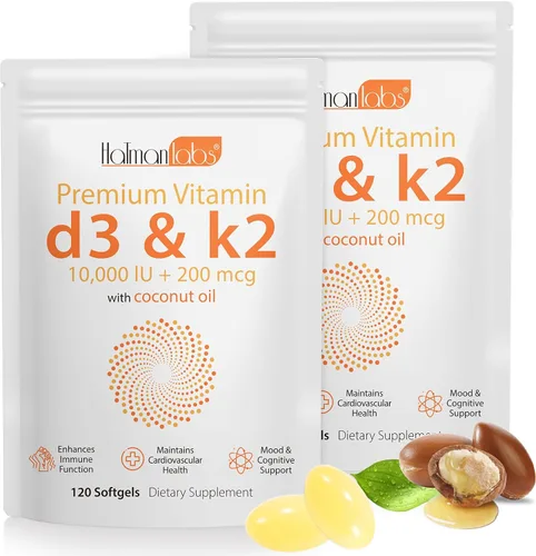 2 Bolsas de Suplemento de Vitamina D3 K2 en Cápsulas Blandas, Cápsulas Blandas de Vitamina D3 K2 con 10000 UI Apoyan la Salud del Sistema Inmune,