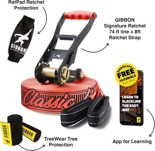 Miniatura 3 de GIBBON Slacklines Classicline XL con ropa para árboles, rojo, 82 pies (línea de 74 pies + correa de trinquete de 8 pies con lazo reforzado) incl.