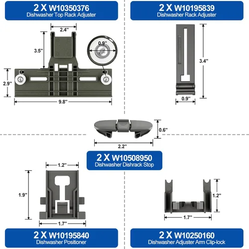Miniatura 2 de Piezas de ajustador de estante superior para lavavajillas W10350376 para Whirlpool Kenmore W10195840 KUDS30IXSS4 Parte superior del estante