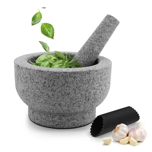 Flexzion Juego de mortero y mortero de granito, 4 tazas de mortero grande y mortero molcajete, cuenco molcajete de piedra, cuenco con pelador de ajo