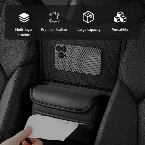 Miniatura 5 de Organizador de Coche para Almacenamiento Entre Asientos, Bolsa de Almacenamiento para Asiento Delantero de Cuero Nappa con Soporte para Pañuelos