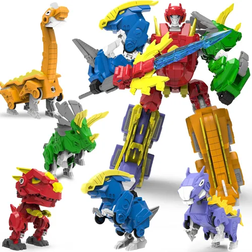 Wenbeier - Juguetes de robot dinosaurio 5-en-1 transformables que incluyen 5 figuras de acción de dinosaurio - Construye y combina en un guerrero