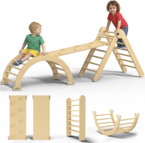 Miniatura 9 de Juego de Triángulo Pikler Grande, Juguetes de Escalada para Niños Pequeños 7 en 1 para Interiores, Juego de Escalada Montessori de Madera con Arco