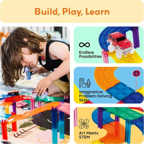 Miniatura 2 de PicassoTiles Juego de construcción de pista de carreras de 100 piezas magnéticas con coches LED, carreteras ajustables y señales, kit de juguete