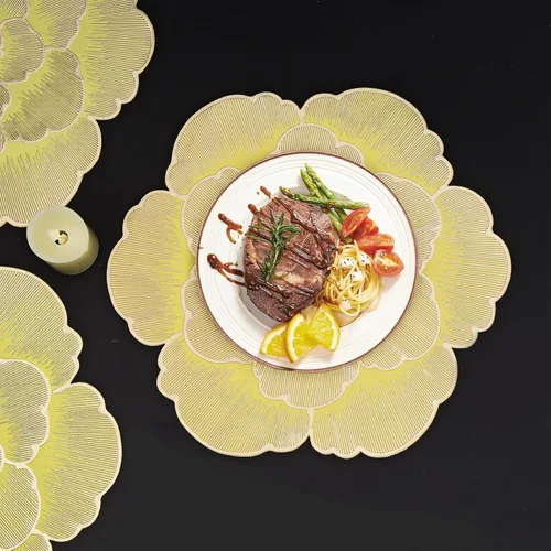 Miniatura 6 de Paquete de 6 manteles individuales redondos con diseño floral dorado y amarillo, manteles individuales de vinilo para mesa de comedor, lavables