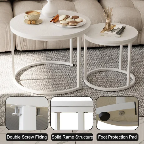 Miniatura 6 de Garden 4 you Mesa de Centro Anidable, Juego de Mesa de Centro Redonda de 23.6", Juego de 2 Mesas Anidables de Madera con Marco de Metal, Mesas Blanco