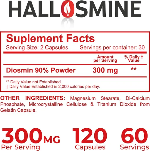 Miniatura 9 de Hallusa Natural Hallosmine Diosmina Circulación y Soporte de Venas para Hinchazón y Piernas Pesadas, Venas visibles, Flujo sanguíneo, Drenaje