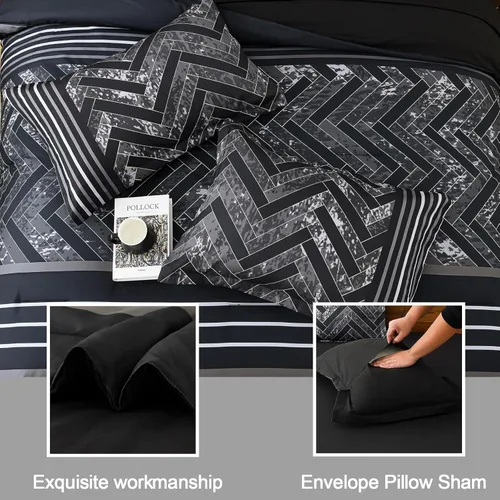 Miniatura 5 de Luxudecor Juego de Edredón Negro Tamaño King, 7 Piezas Cama en una Bolsa de Rayas Geométricas, Juego de Edredón Geométrico y Sábanas, Juego Completo