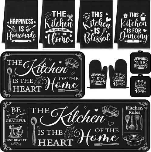 Fourluoo Juego de 10 piezas de decoración y accesorios de cocina de granja, 4 toallas de cocina, 2 soportes para ollas, 2 guantes de horno, 2 Negro