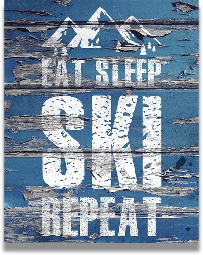 Eat Sleep Ski Repeat Wall Decor Art Print sobre un fondo de madera azul – 11x14 sin marco con tema de esquí – Gran regalo para familiares y amigos