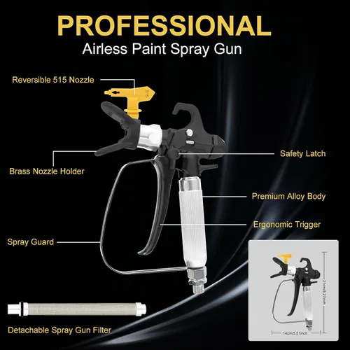 Miniatura 2 de Pistola pulverizadora de pintura sin aire de 3600 PSI con 3 boquillas reversibles (415, 515, 517) puntas, junta giratoria, 5 filtros de pistola